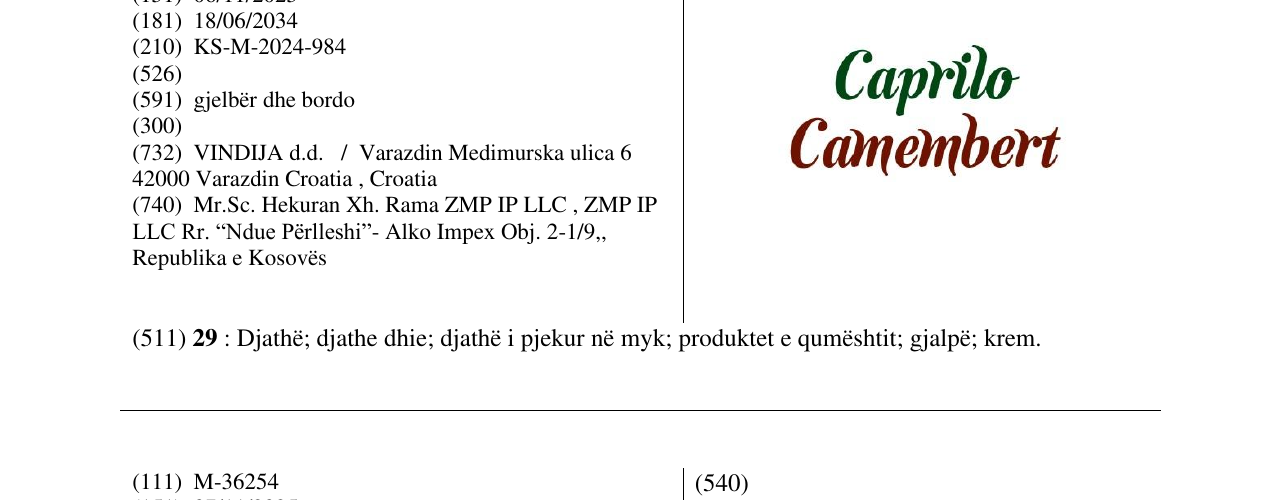 Zëri i markës Caprilo Camembert në buletin