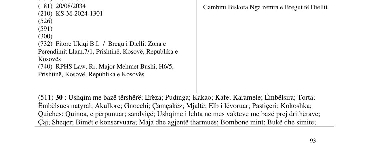 Zëri i markës Gambini Biskota Nga zemra e Bregut të Diellit në buletin
