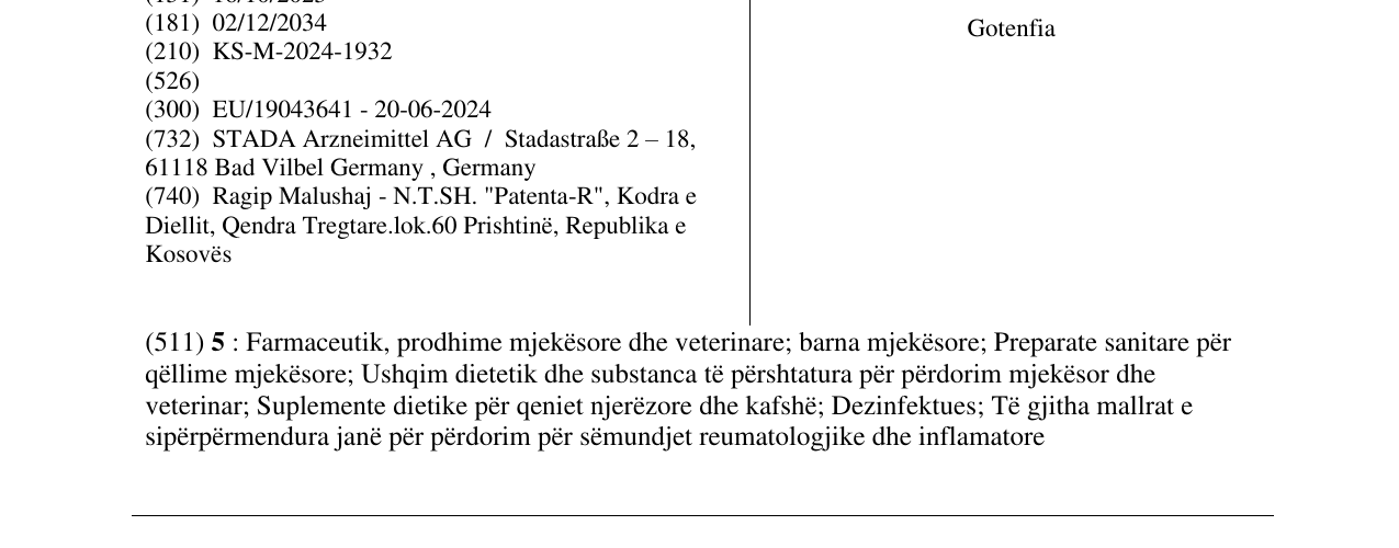 Zëri i markës Gotenfia në buletin