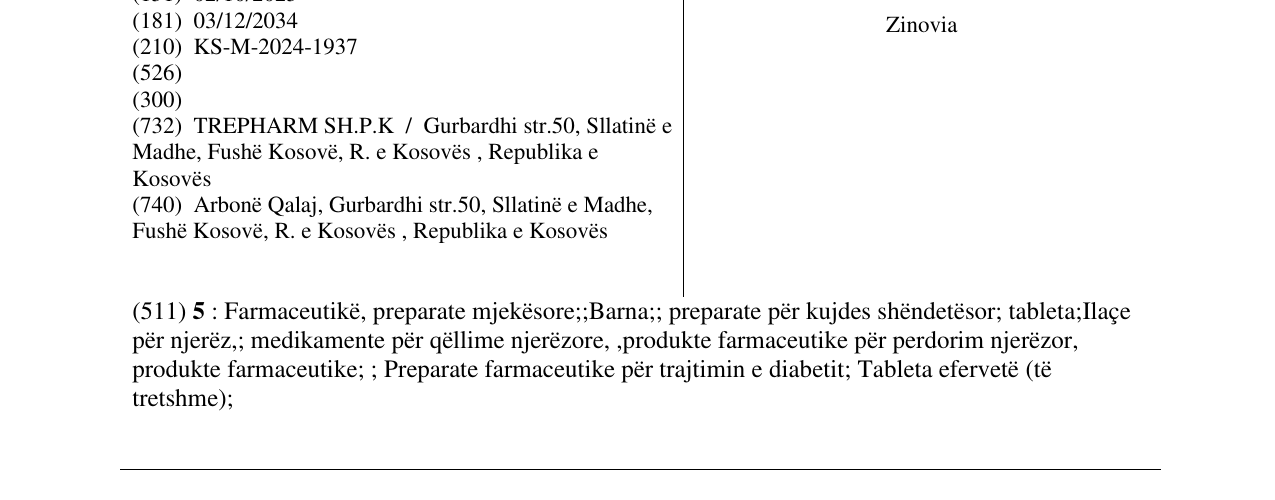 Zëri i markës Zinovia në buletin