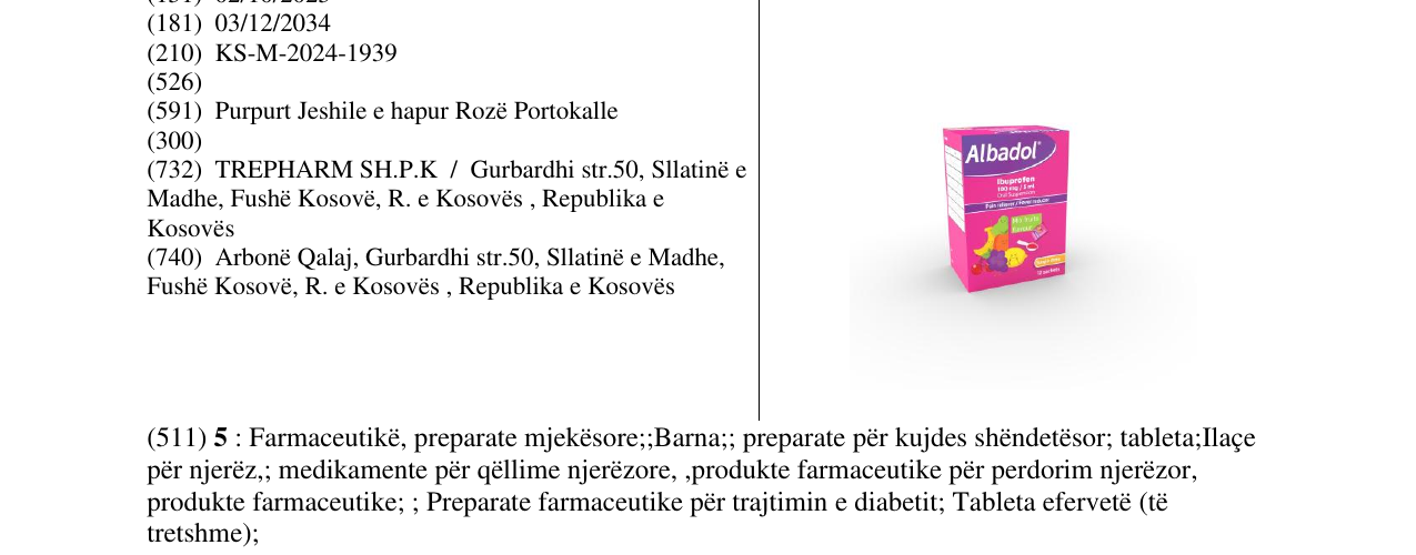 Zëri i markës Albadol 100mg/5ml në buletin