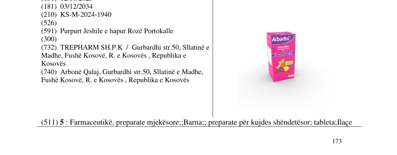 Zëri i markës Albadol 100mg /5ml në buletin