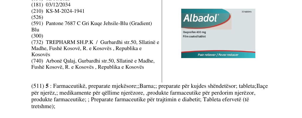 Zëri i markës Albadol 400mg në buletin