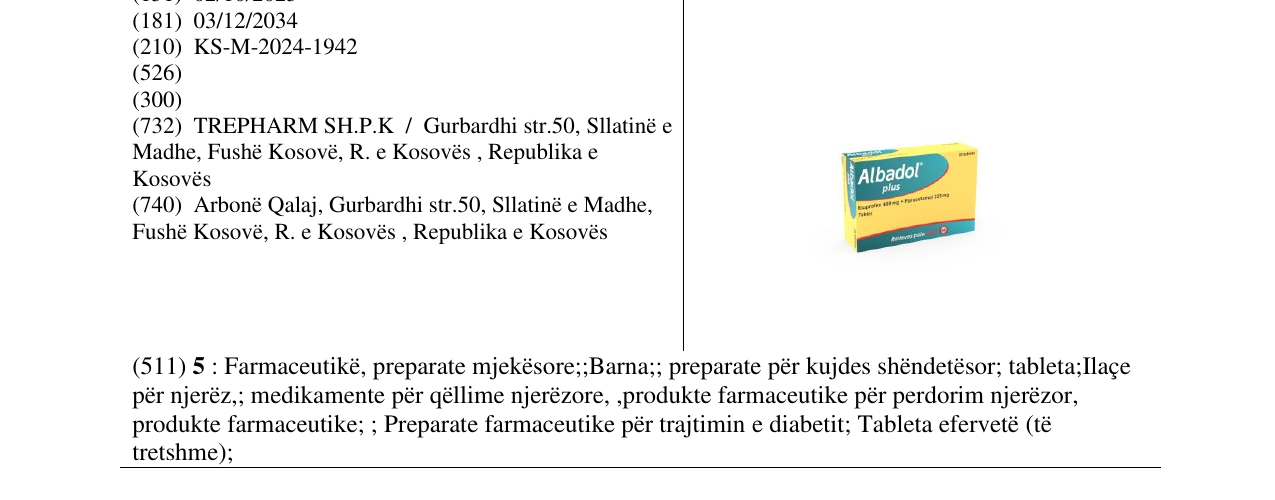 Zëri i markës Albadol plus 400mg në buletin