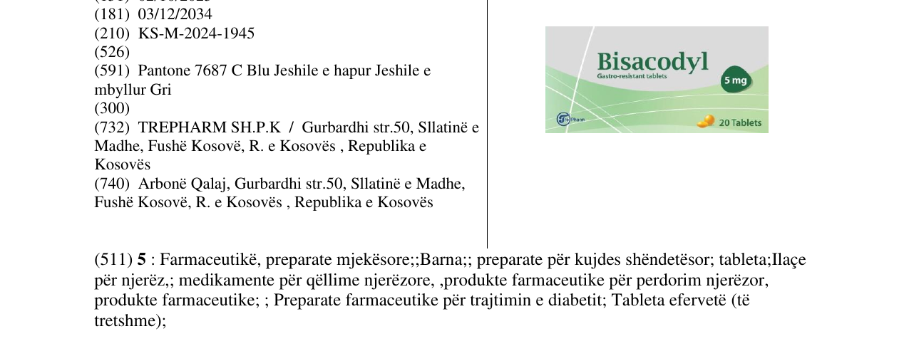 Zëri i markës Bisacodyl 5mg në buletin