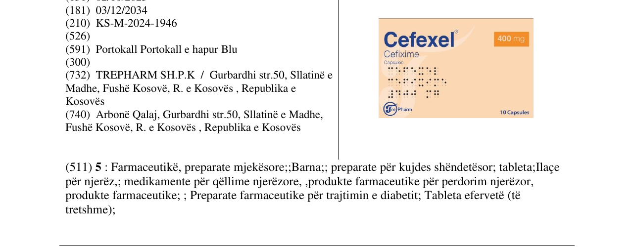 Zëri i markës Cefexel Cefixime 400mg në buletin