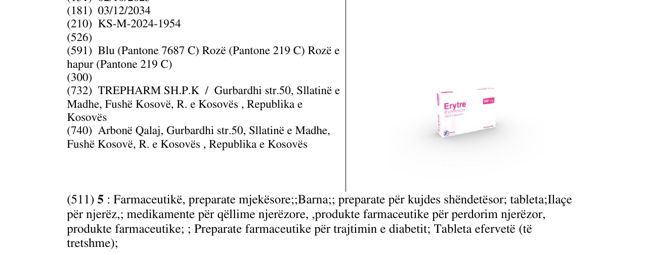 Zëri i markës Erytre Erythromycin 500mg në buletin