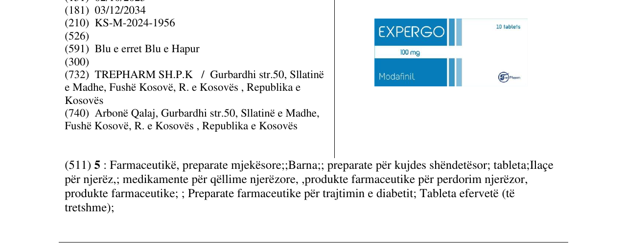 Zëri i markës EXPERGO Modafinil 100mg në buletin