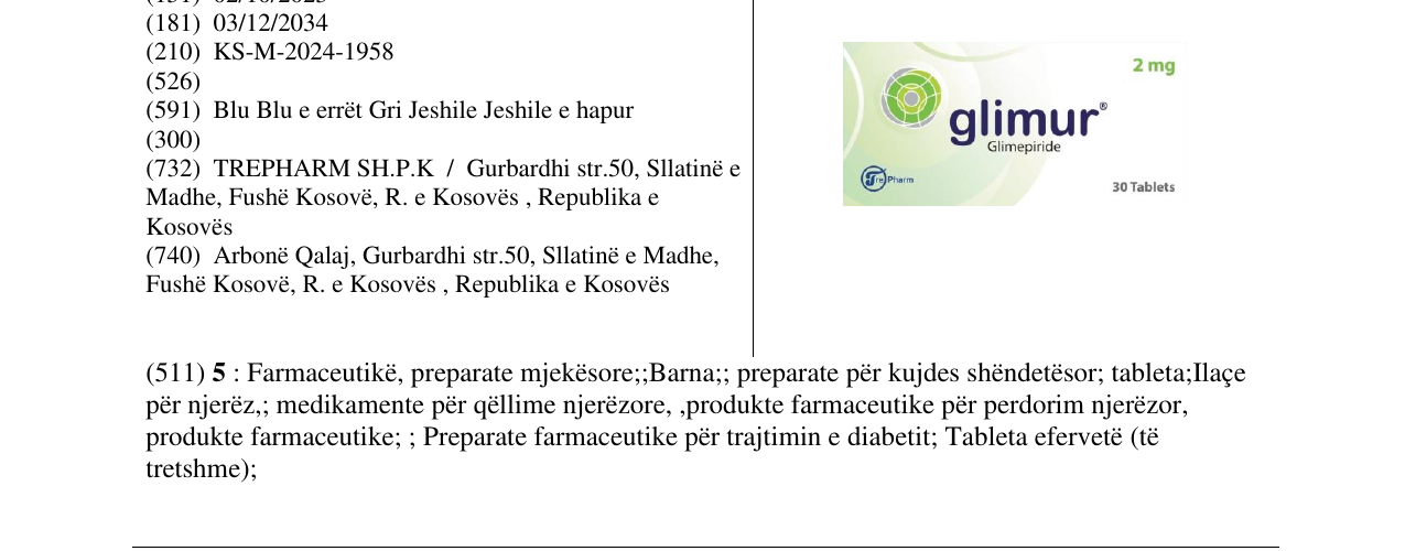Zëri i markës glimur Glimepiride 2mg në buletin
