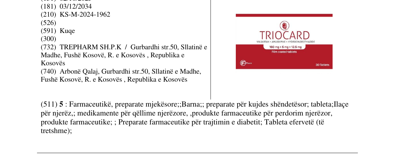 Zëri i markës TRIOCARD 160mg+5mg+12.5mg në buletin