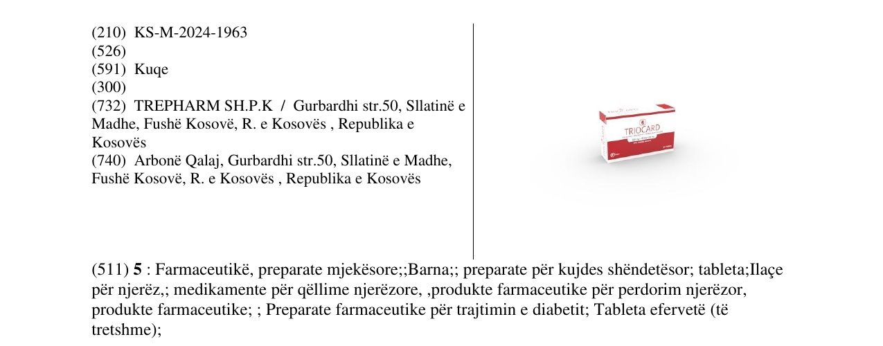 Zëri i markës TRIOCARD 320mg+10mg+25mg në buletin