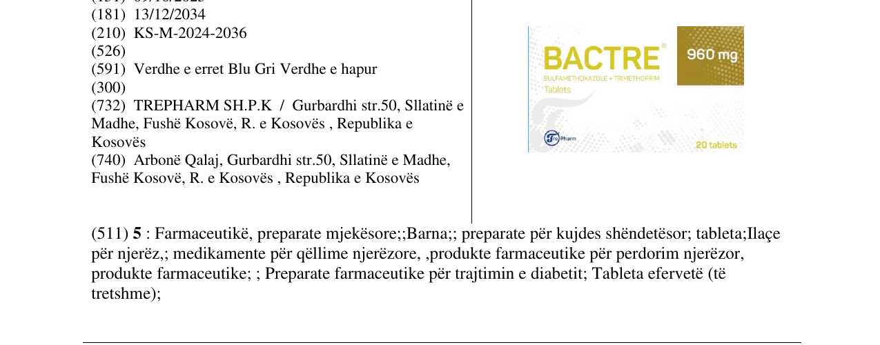 Zëri i markës BACTRE 960mg në buletin