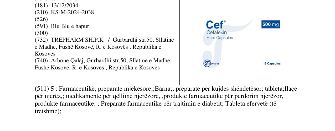 Zëri i markës Cef 500mg në buletin