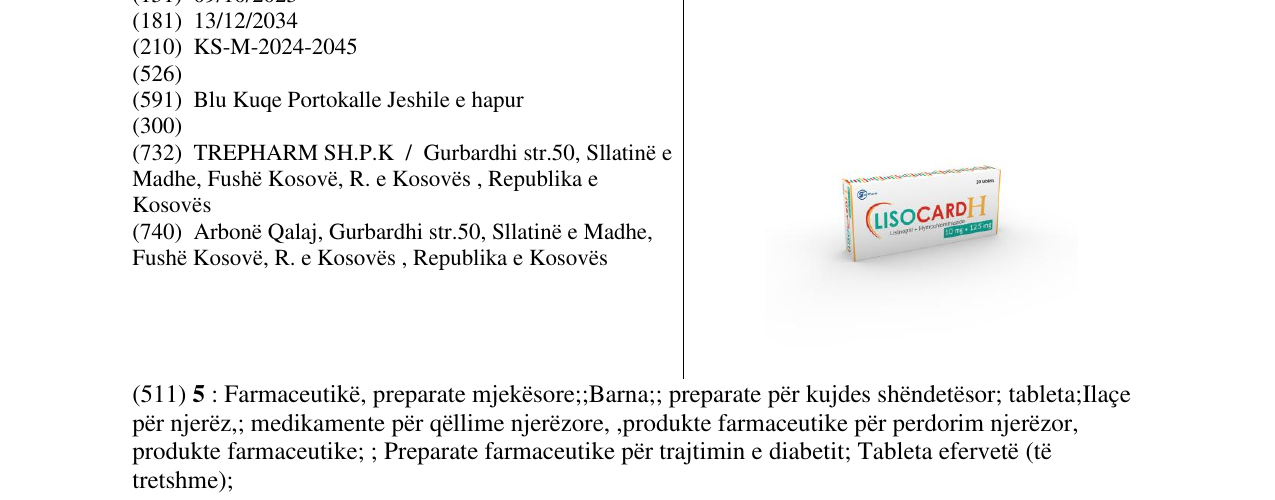 Zëri i markës LISOCARD H10mg+125mg në buletin