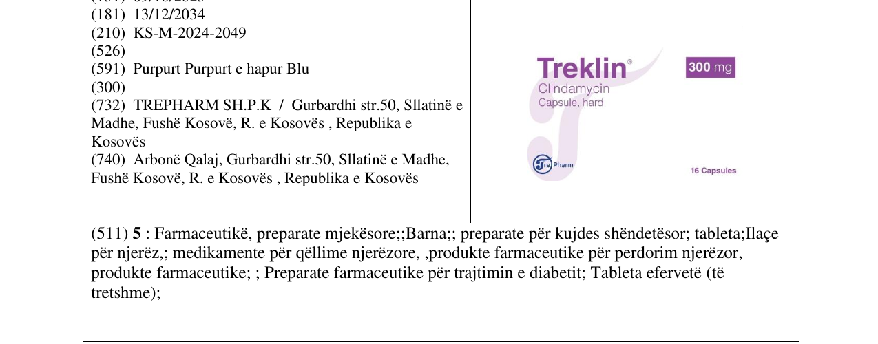 Zëri i markës Treklin 300mg në buletin