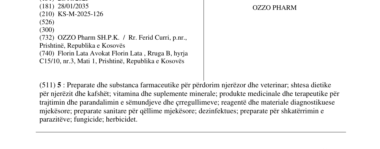 Zëri i markës OZZO PHARM në buletin