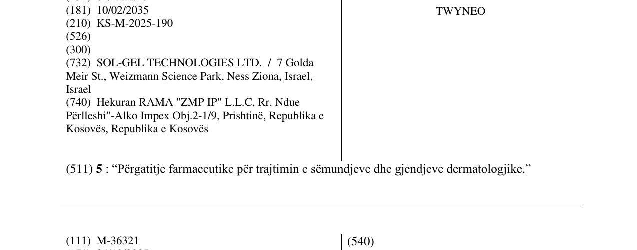 The entry of the trademark TWYNEO in the bulletin