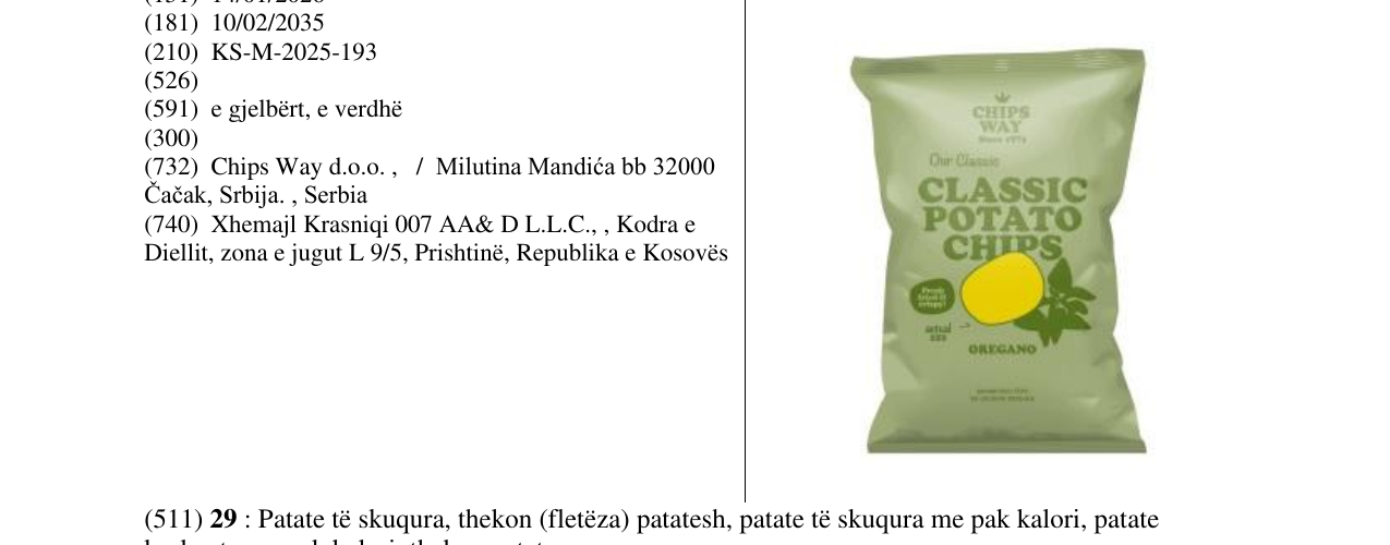 Zëri i markës CLASSIC POTATO CHIPS OREGANO në buletin