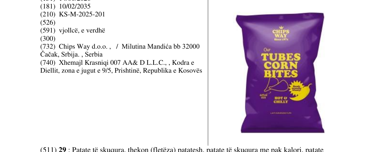 Zëri i markës TUBES CORN BITES HOT&CHILLY në buletin