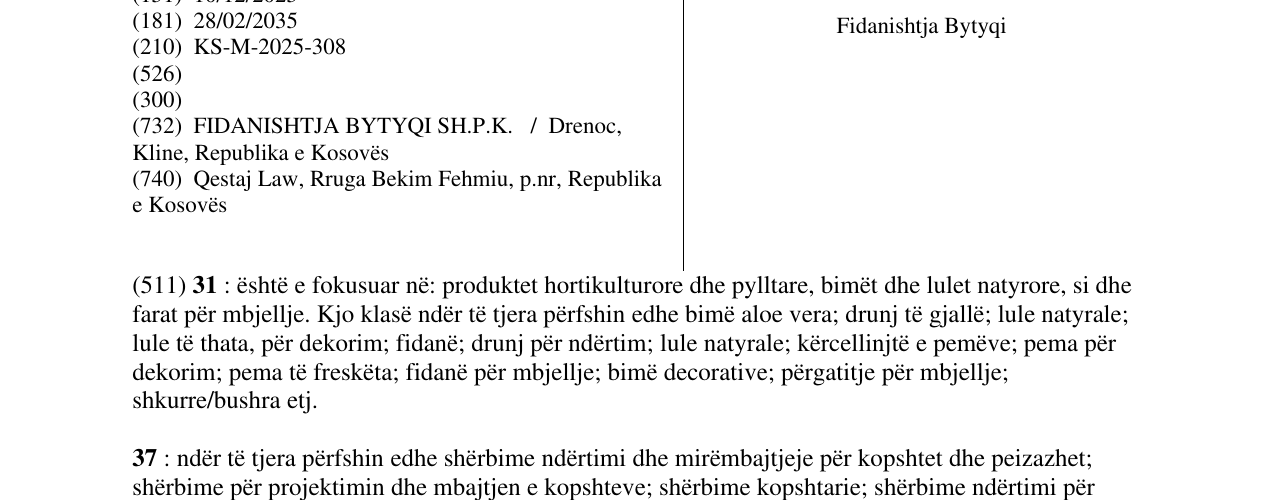 Zëri i markës Fidanishtja Bytyqi në buletin