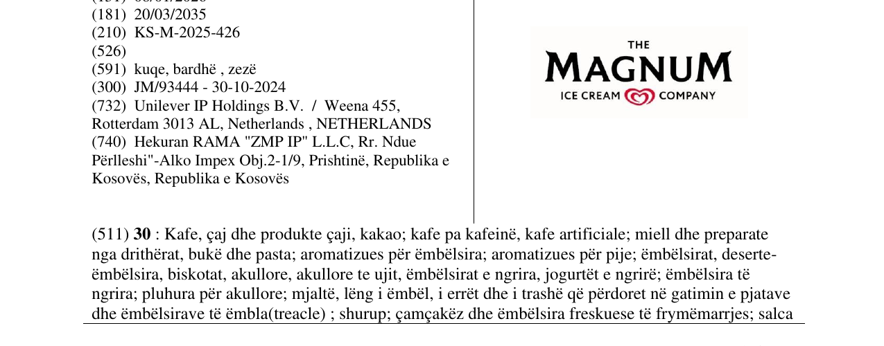 Zëri i markës THE MAGNUM ICE CREAM COMPANY në buletin