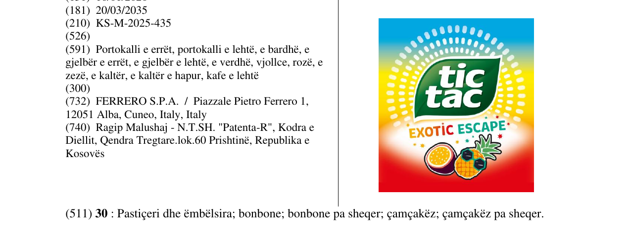 Zëri i markës TIC TAC EXOTIC ESCAPE në buletin
