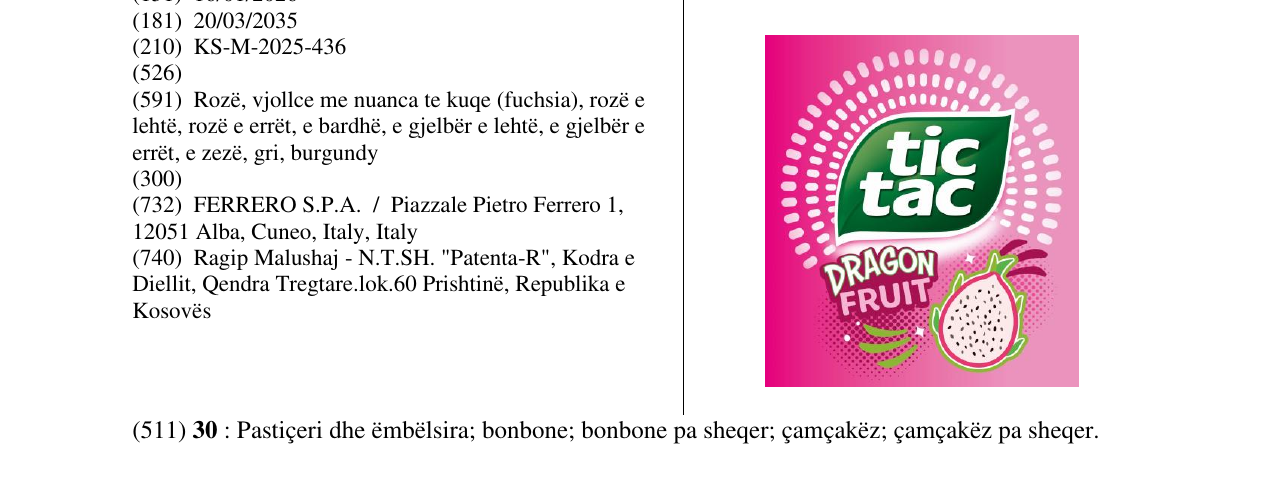 Zëri i markës TIC TAC DRAGON FRUIT në buletin