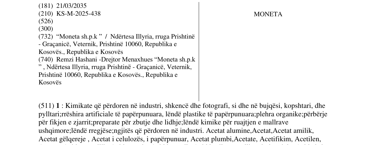 Zëri i markës MONETA në buletin