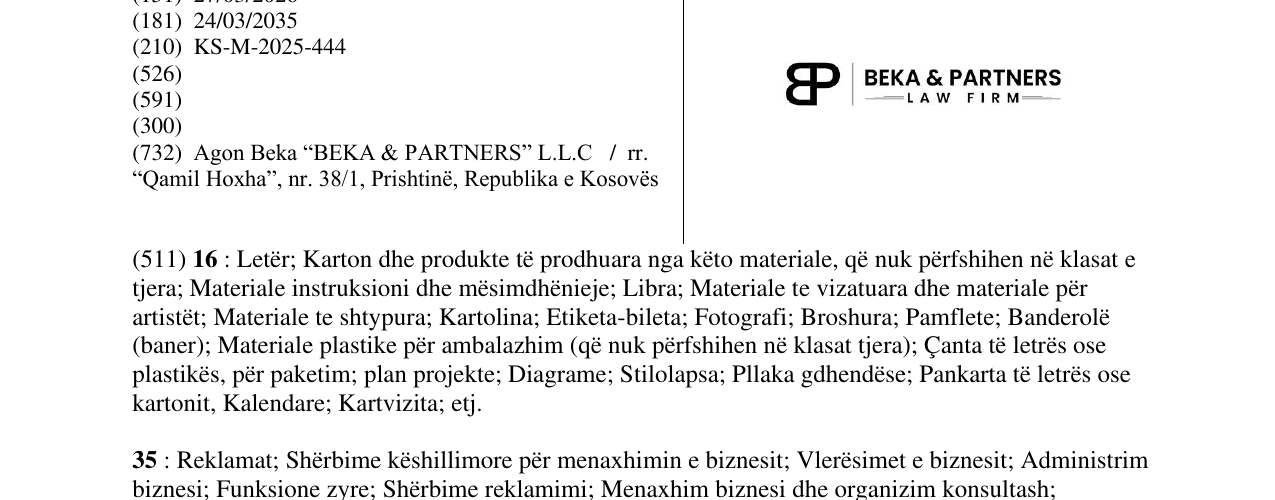 Zëri i markës BP BEKA & PARTNERS LAW FIRM në buletin