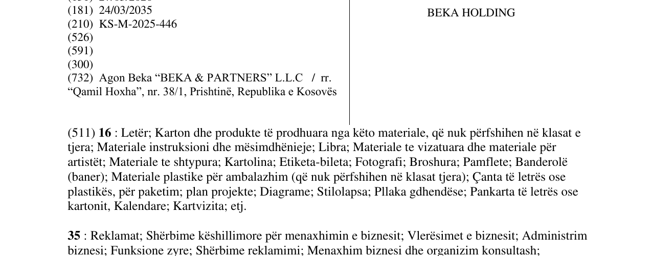 Zëri i markës BEKA HOLDING në buletin