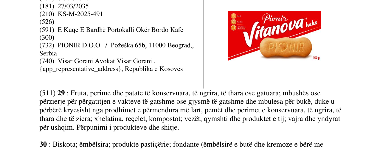 Zëri i markës Vitanova keks në buletin