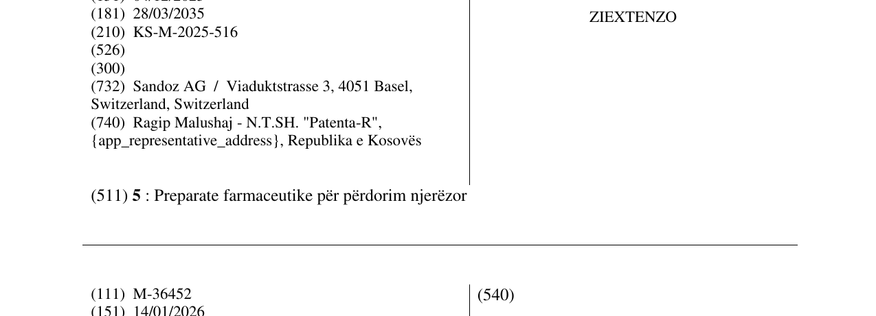 Zëri i markës ZIEXTENZO në buletin