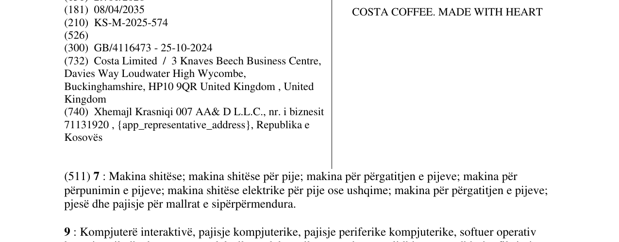 Zëri i markës COSTA COFFEE. MADE WITH HEART në buletin