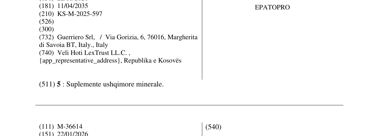 The entry of the trademark EPATOPRO in the bulletin