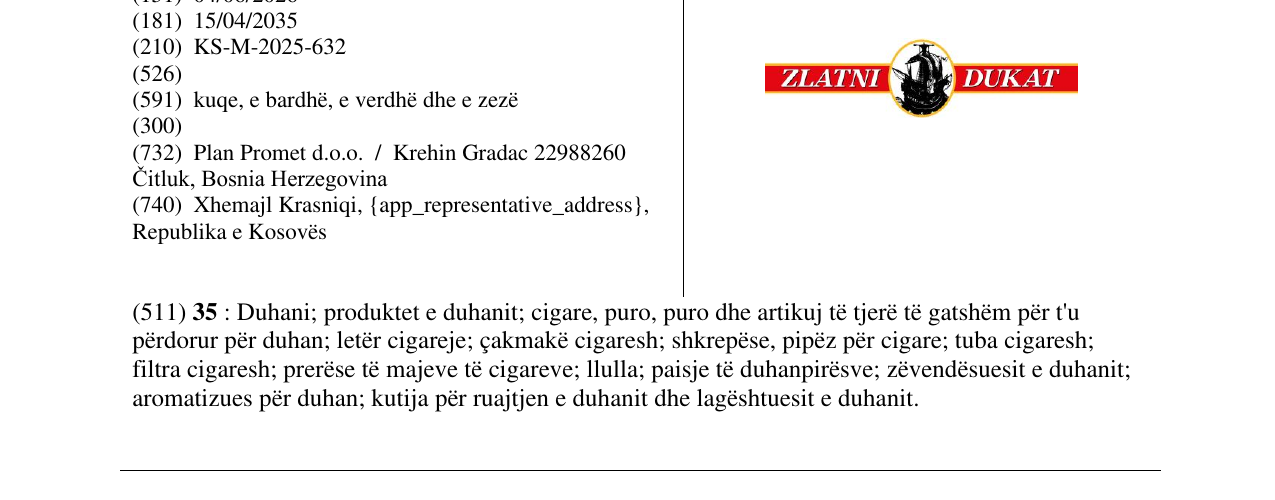 Zëri i markës ZLATNI DUKAT në buletin