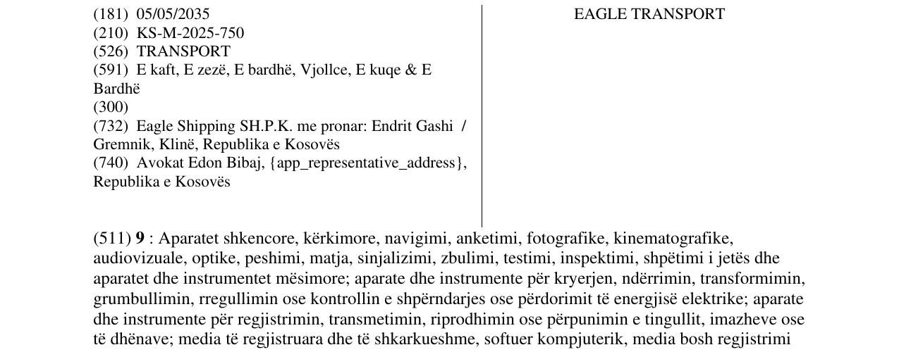 Zëri i markës EAGLE TRANSPORT në buletin
