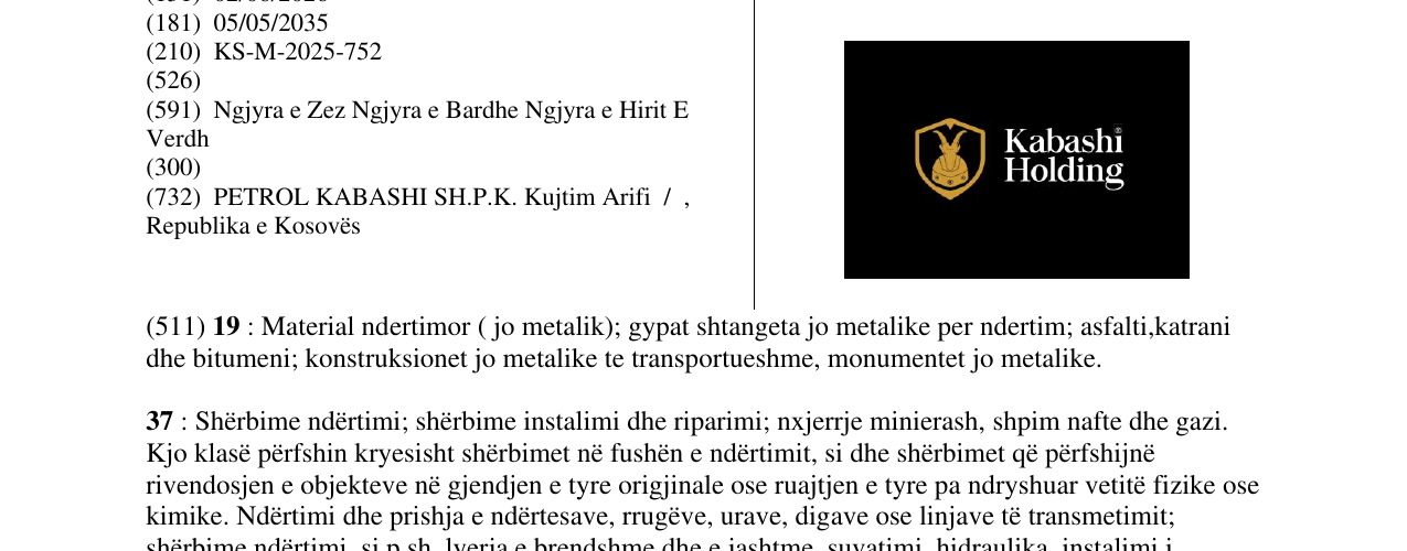 Zëri i markës Kabashi Holding në buletin