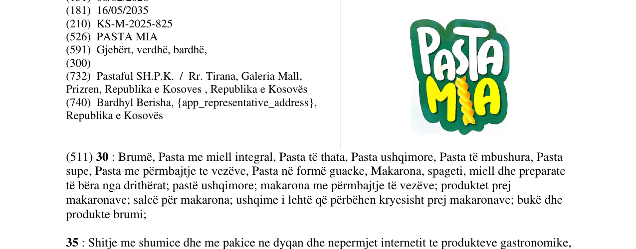 Zëri i markës PASTA MIA në buletin