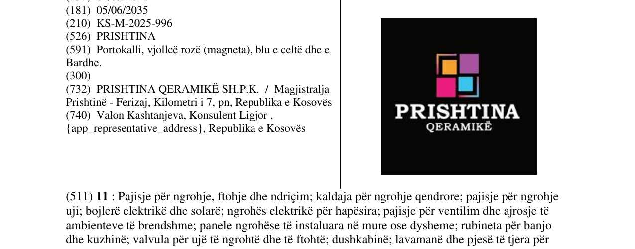 Zëri i markës PRISHTINA QERAMIKE në buletin