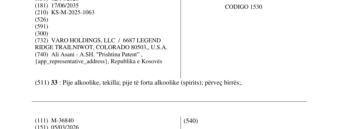 Zëri i markës CODIGO 1530 në buletin