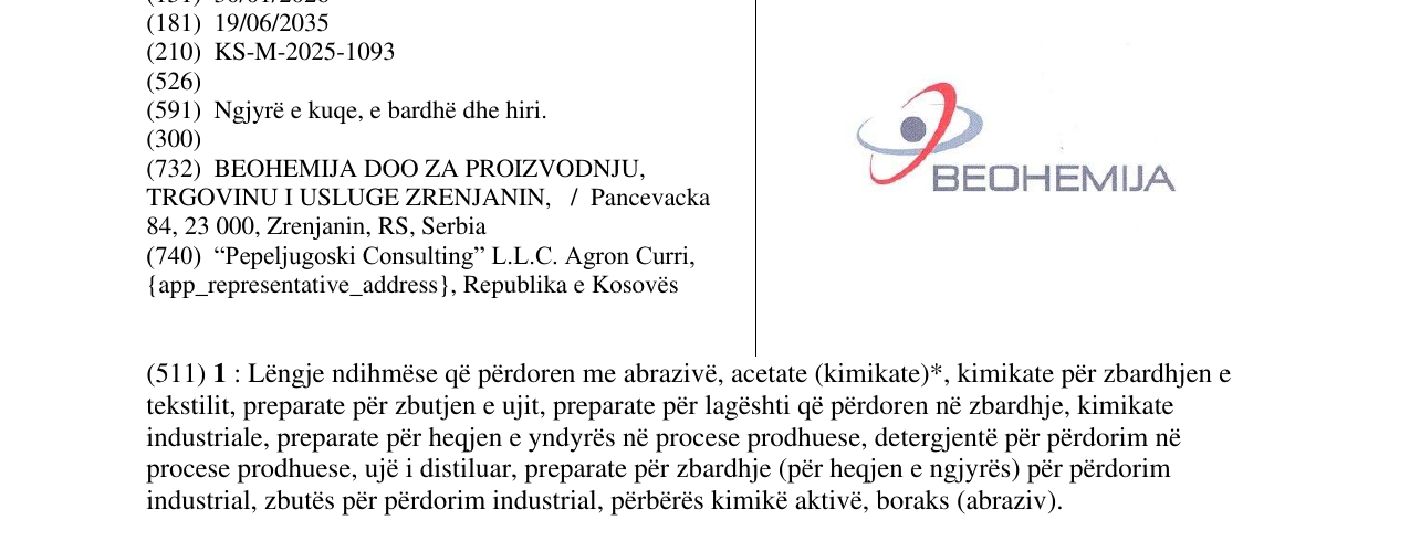 Zëri i markës BEOHEMIJA në buletin