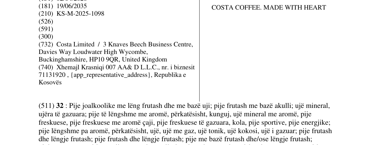 Zëri i markës COSTA COFFEE. MADE WITH HEART në buletin