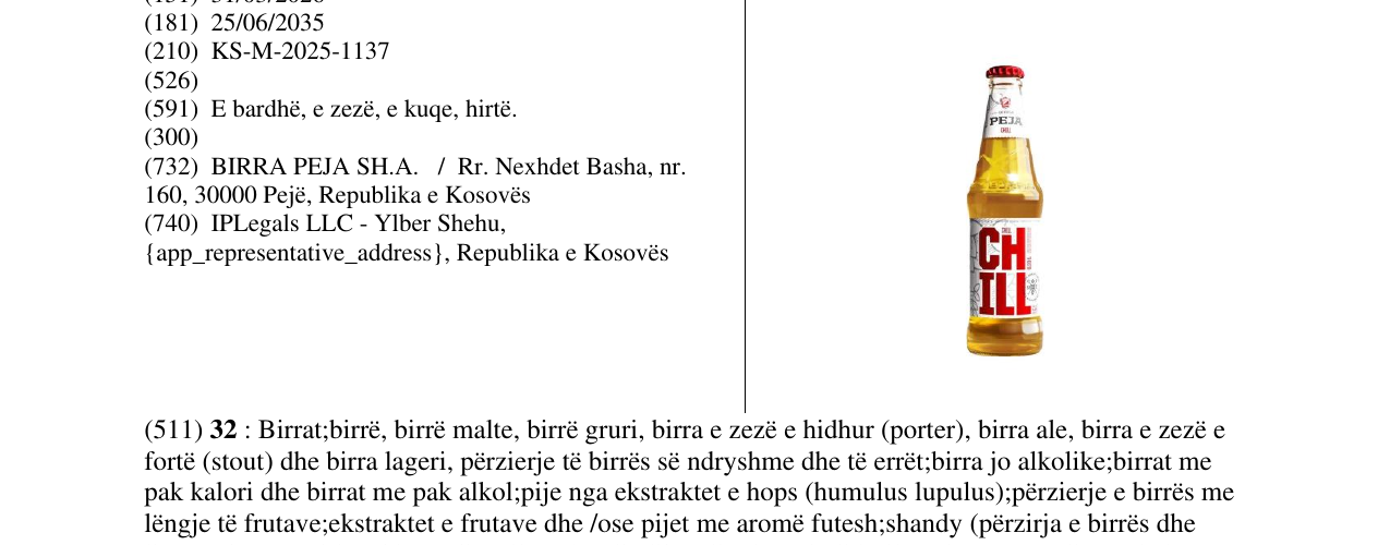 Zëri i markës BIRRA PEJA CHILL në buletin