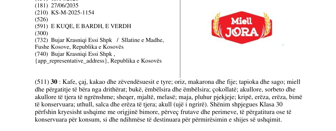 Zëri i markës MIELL JORA në buletin