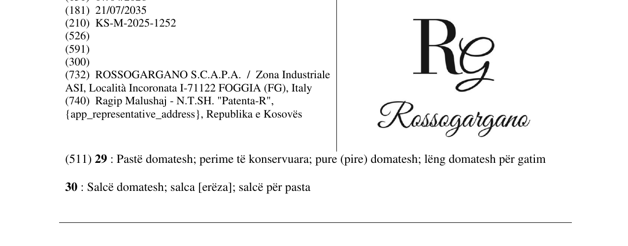 Zëri i markës Rossagargano në buletin