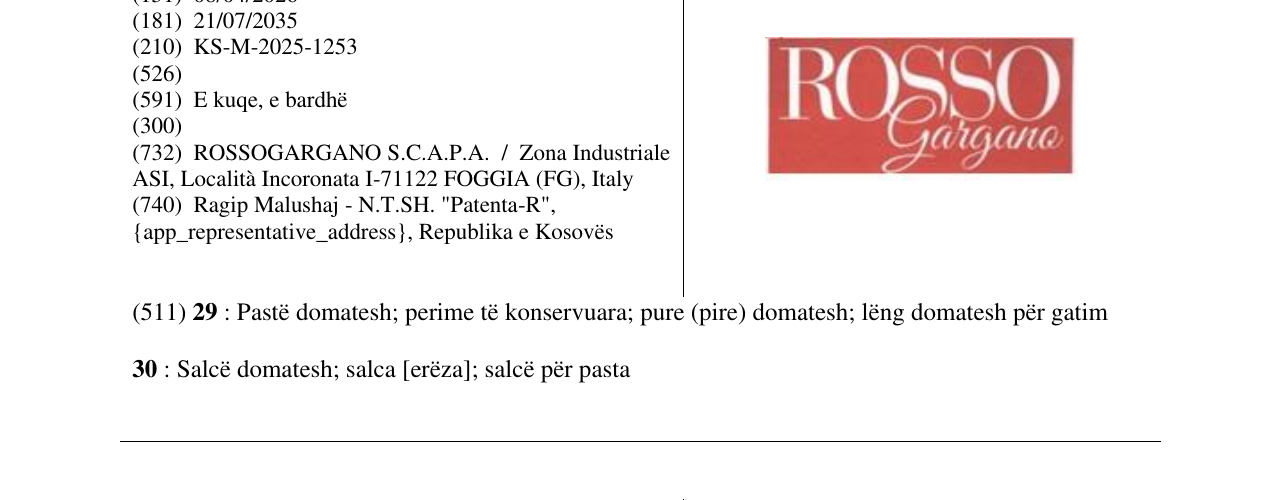 Zëri i markës ROSSO Gargano në buletin