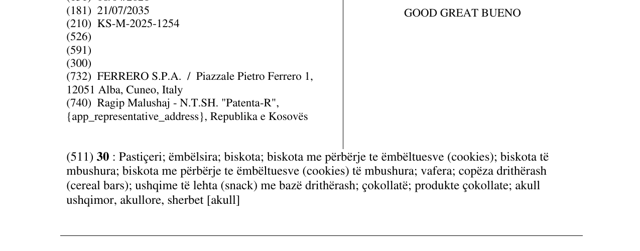 Zëri i markës GOOD GREAT BUENO në buletin