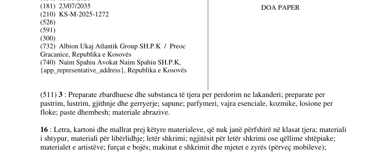 Zëri i markës DOA PAPER në buletin