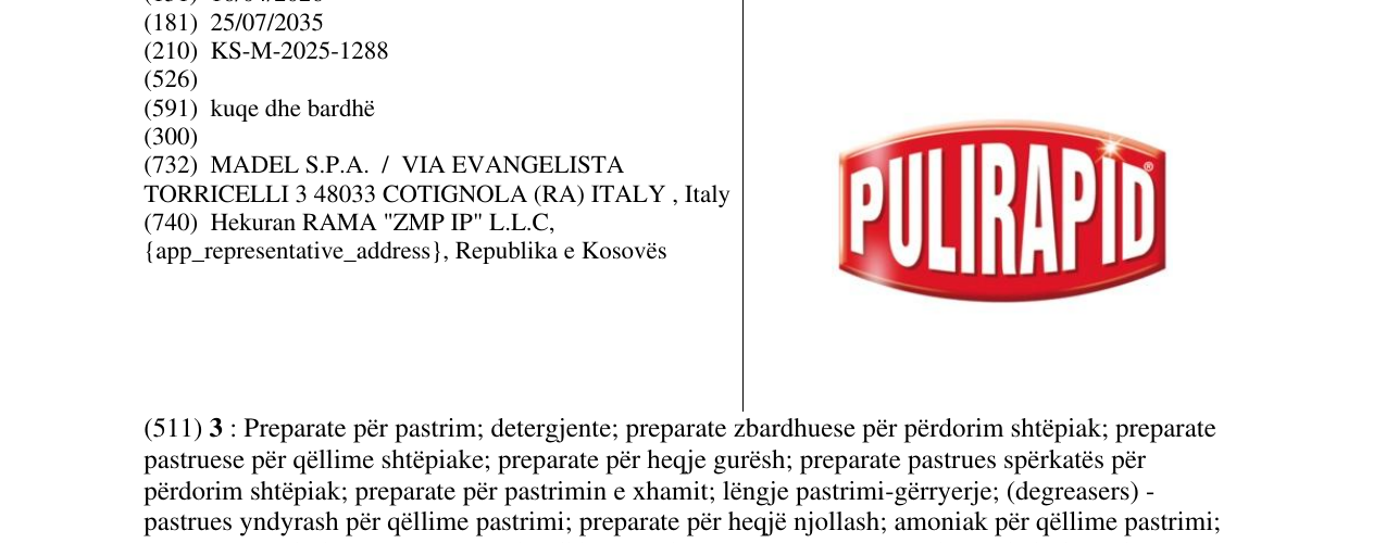Zëri i markës PULIRAPID në buletin