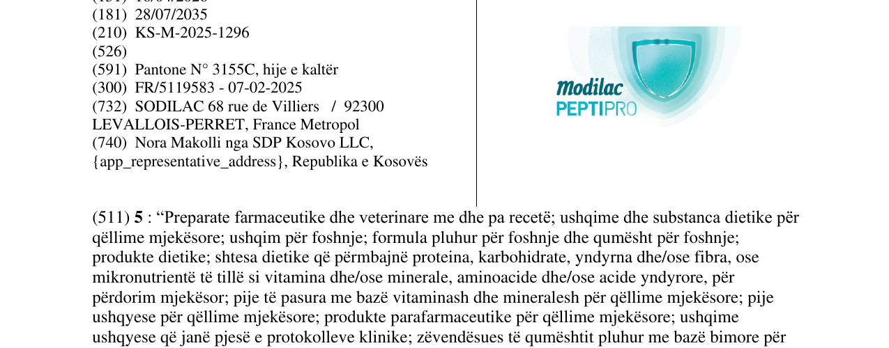 Zëri i markës modilac PEPTIPRO në buletin